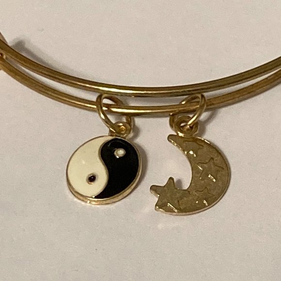 Ying Yang Half Moon Star Charm Bracelet Gold Tone Wire Slider Adjustable Yoga - Picture 4 of 7